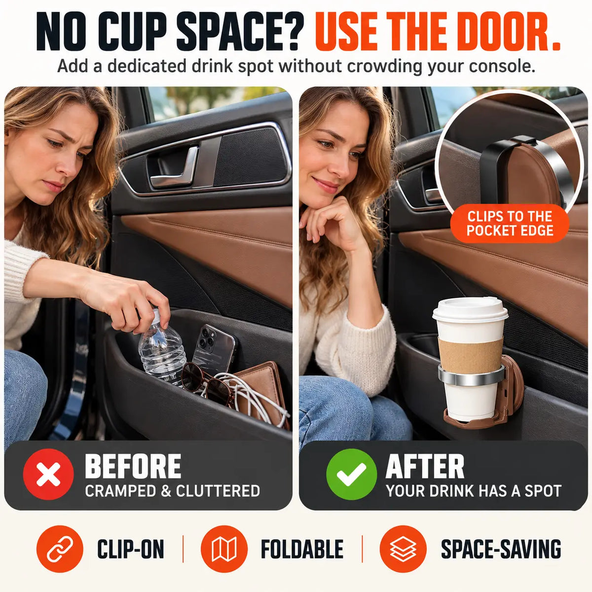 🆙 Foldable Clip-On Car Door Cup Holder