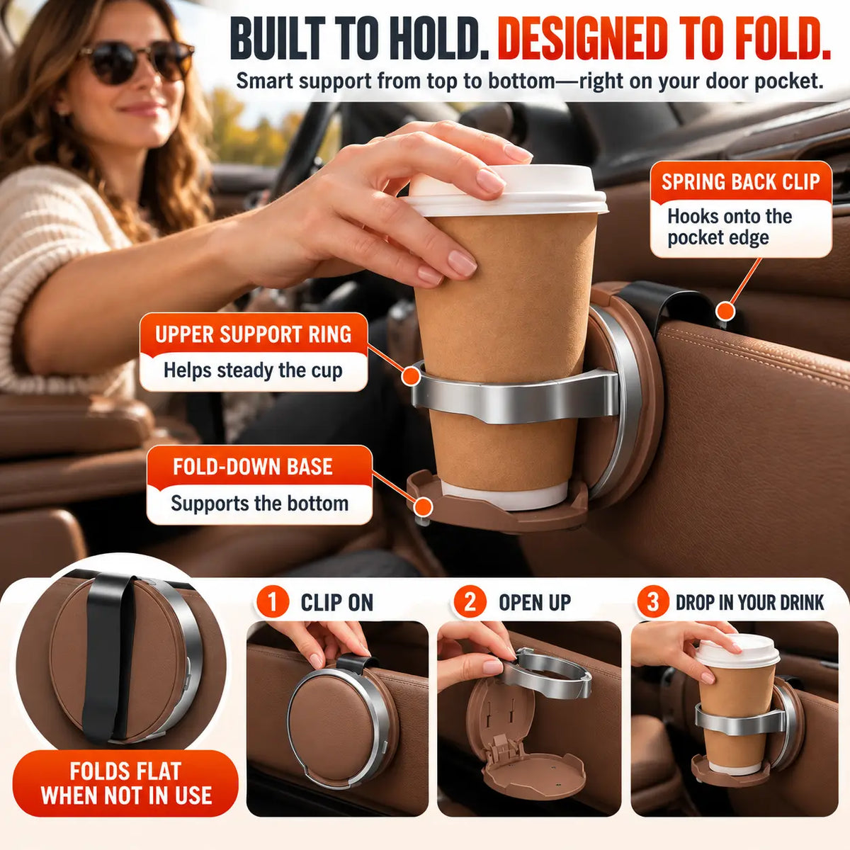 🆙 Foldable Clip-On Car Door Cup Holder