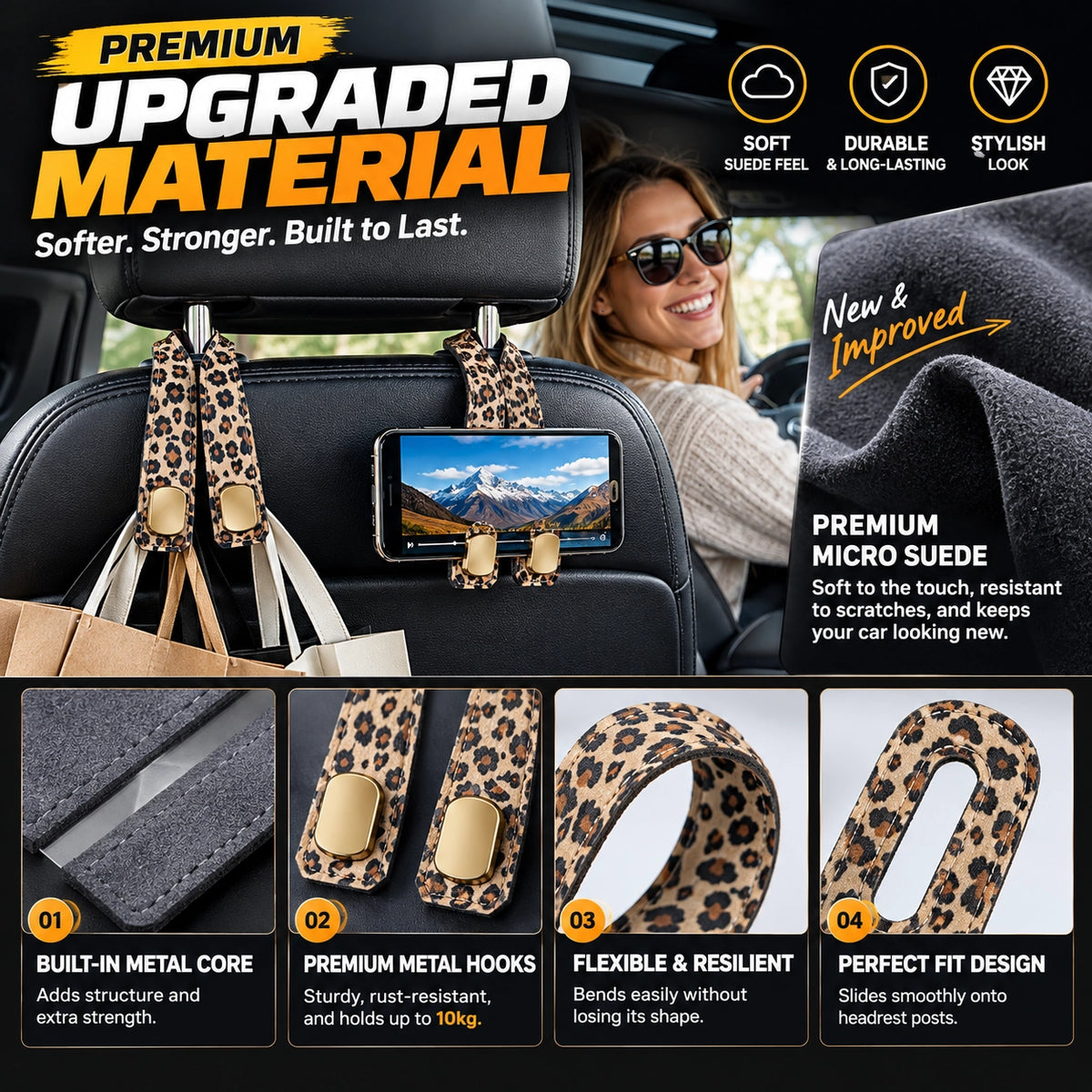 OROFERA® 🚗🪝Premium Suede Car Headrest Hooks & Phone Stand