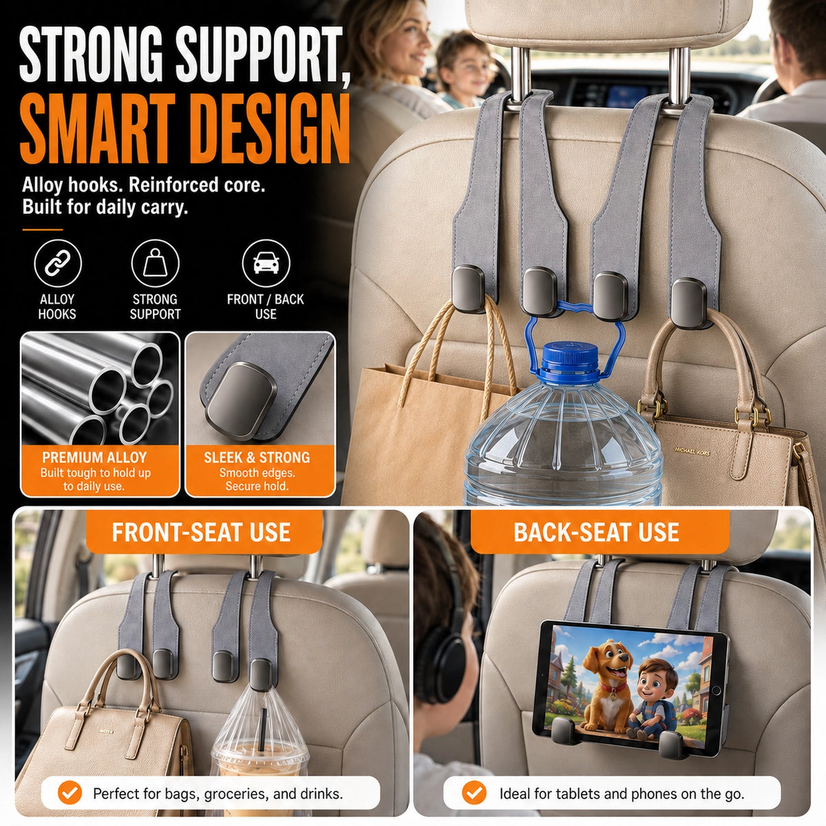 OROFERA® 🚗🪝Premium Suede Car Headrest Hooks & Phone Stand