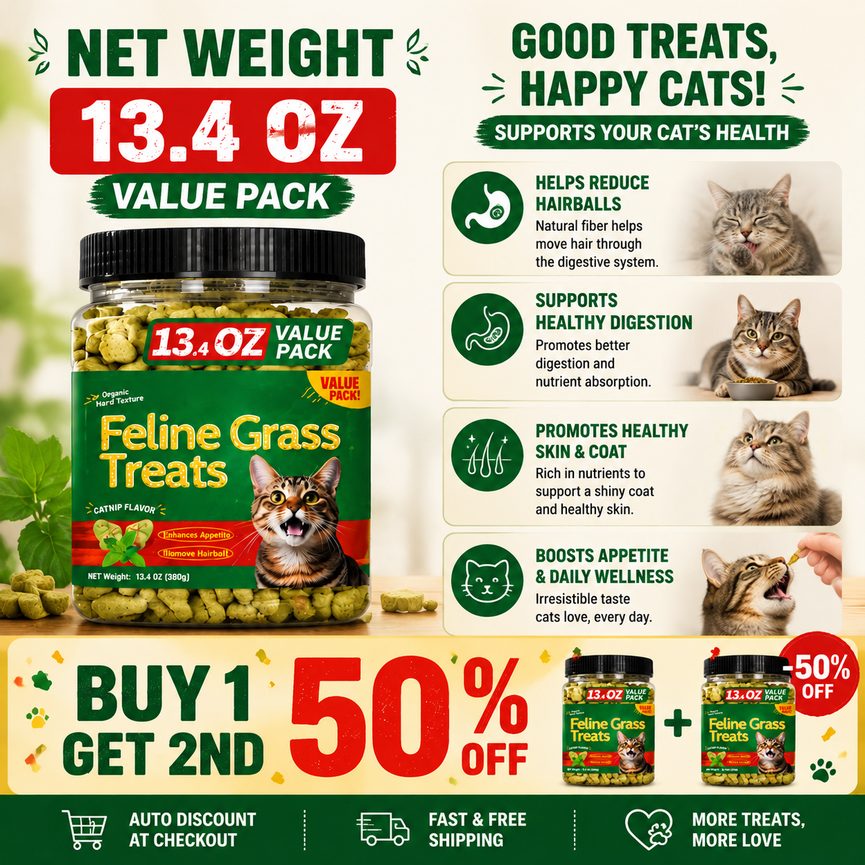 Crunchy Cat Treats for Hairball Control & Digestive Health | Buy 1, 2nd 50% OFF