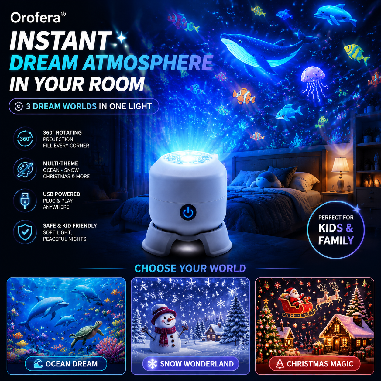 Orofera® Magical Ocean, Snow & Christmas Projector Light ✨